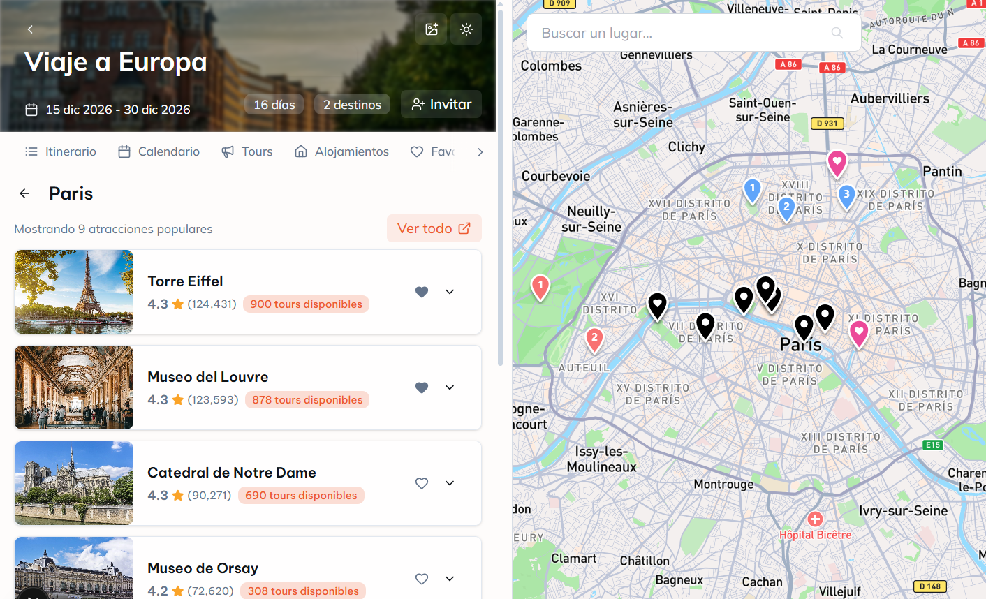Interfaz de la app Trivel para planificar viajes